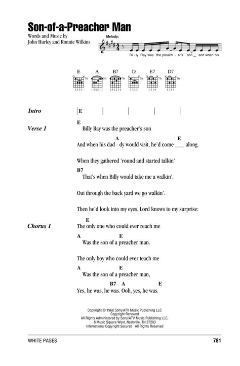 Verse 1. | E E6 | A E E6 |. Billy Ray was a preacher’s son and when his daddy would visit he’d come along. | E E6 | B B6 |. When they gathered around and started talkin’, that’s when Billy would take me walkin’, | B7 B6 | B7 B6 | B7 |. out through the back yard, we’d go walkin’, then he’d look into my eyes, Lord knows to my ...